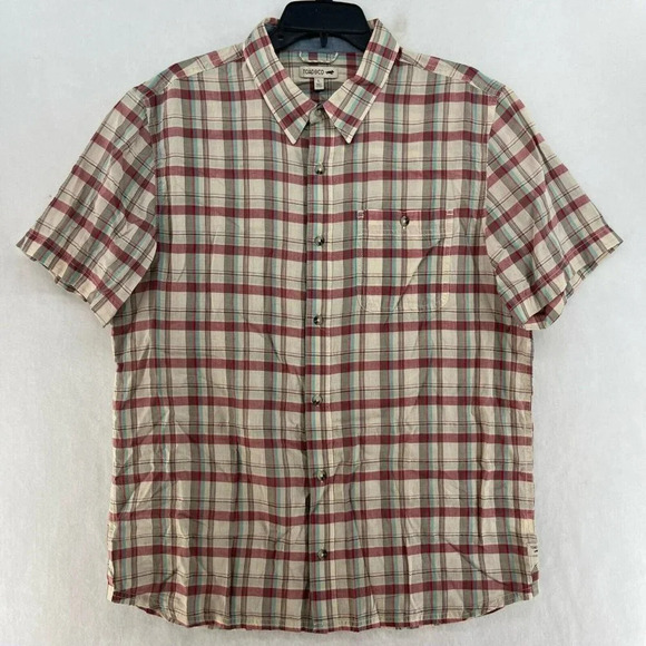 Toad & Co Button-Up Shirt Men's Sz L Red Beige Plaid Collared Chest Pocket - Picture 1 of 12
